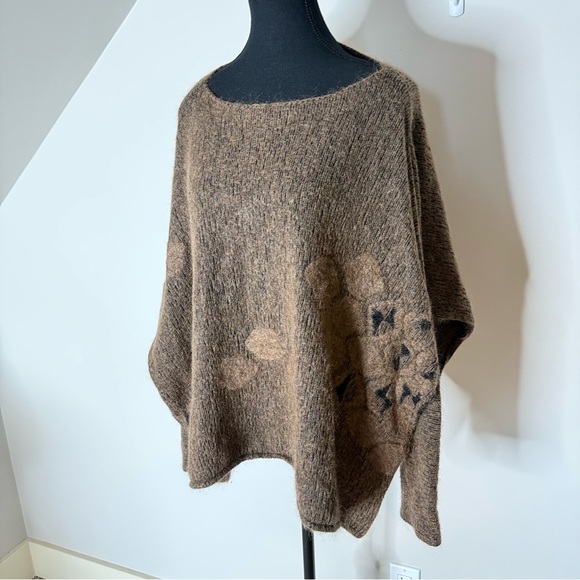 SARAH PACINI Brown Jacquard Poncho Sweater Long Sleeve Merino Wool Mohair O/S - Picture 3 of 11